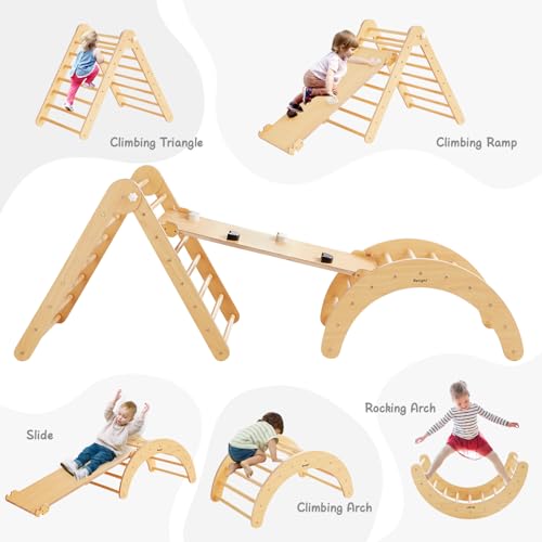 Beright 4 in 1 Pikler Triangle Set Upgraded, Foldable Toddler Climbing Toys Indoor Playground, Montessori Learning Toys, Kids Indoor Gym with with Arch, Ramp, Learning Waldorf Toy, Black&White
