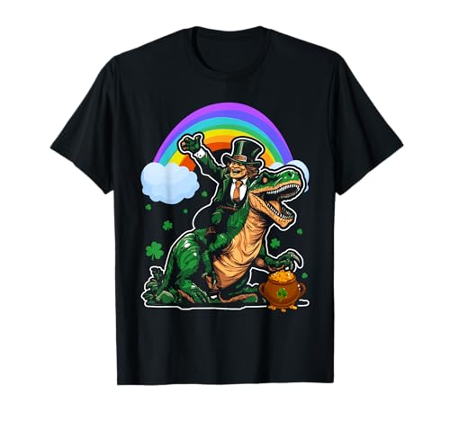 Leprechaun Riding Dinosaur St Patricks Day Boys Men T rex T-Shirt