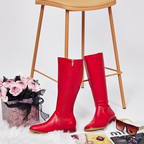 Image of GENSHUO Knee High Boots for Women Comfy Flat Heel Vintage Square Toe Fall Winter Solid Side Zipper Costume Knight Booties