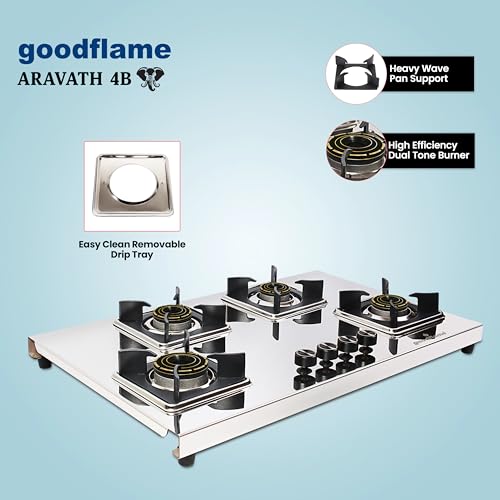 Image of goodflame Aravath 4 Burner Stainless Steel Gas Stove for Kitchen | Heavy 2MM SS Body | Brass Burners | 2 Year Warranty | ISI Certified | Manual Ignition | LPG Ready and PNG Compatible, (Silver)