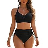 ADUDVLO High Waisted Bikini Set for Women,Tummy Control Two Piece Swimwear, Padded V Neck Push Up Top, Sexy Crisscross Tie Back Swimsuit Bathing Suits (UK, Alpha, XL, Regular, Regular, Black)