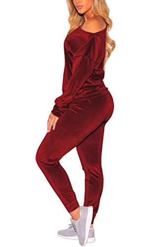 Fixmatti Women 2Pc Soft Velvet Long Sleeve Top Sweatpants Jogger Suit M Red #TOP1