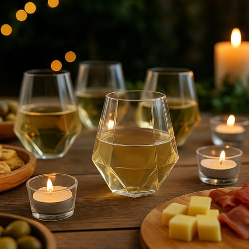 24 count Diamond Unbreakable Stemless Plastic Wine Champagne Glasses Disposable Shatterproof BPA-Free Wine Glasses Indoor Outdoor Ideal for Home Office Bars, Wedding 12 Ounce Cup (Clear) - Thumbnail 3