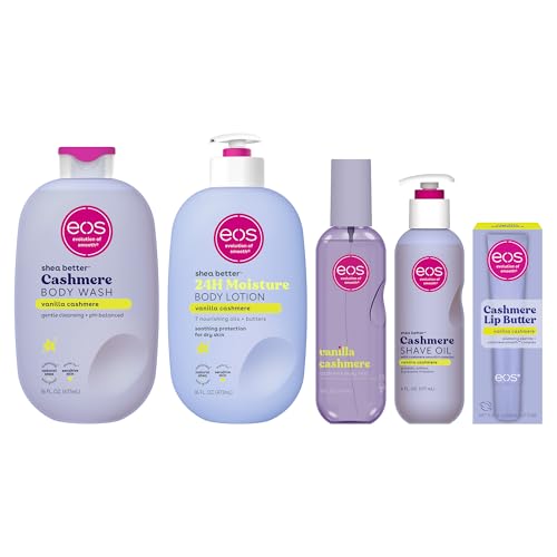 eos Vanilla Cashmere Skin Care Set - Body Lotion, Body Wash, Body Mist, Shave Oil, Lip Butter, 5-Piece Hydrating Self-Care Bundle