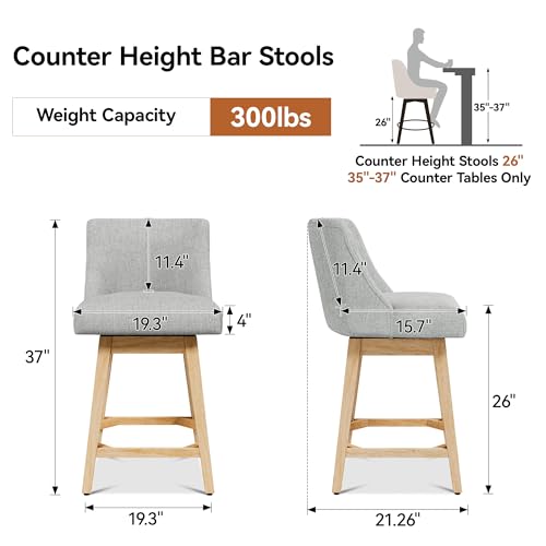 Image of Swivel Counter Height Bar Stools Set of 6, Modern Fabric Swivel Barstools with Contoured Back and Solid Wood Legs, Upholstered Counter Stool Bar Chairs for Kitchen Island, Home Bar, Grey