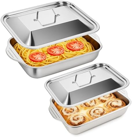 2 PCS Stainless Steel Lasagna Pans with Lid– M(16.14x9.5x3.1