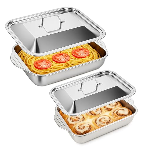 2 PCS Stainless Steel Lasagna Pans with Lid– M(16.14x9.5x3.1 2 PCS Stainless Steel Lasagna Pans with Lid– M(16.14x9.5x3.1