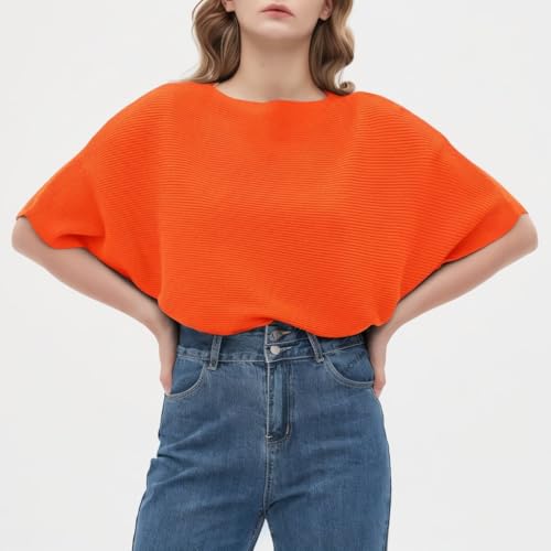 Image of EDSTAR Women's Boat Neck Short Sleeve Dolman Knit Sweater, Pumpkin | Boat neck, short batwing dolman sleeves, soft knit fabric, casual summer autumn pullover, versatile daily wear, solid color