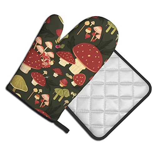 Vintage Mushroom Oven Mitts And Pot Holders Sets Of 2, Non-Slip Cooking Hot Pads Washable Heat Resistant For Kitchen Microwave Bbq Baking Grilling #TOP1