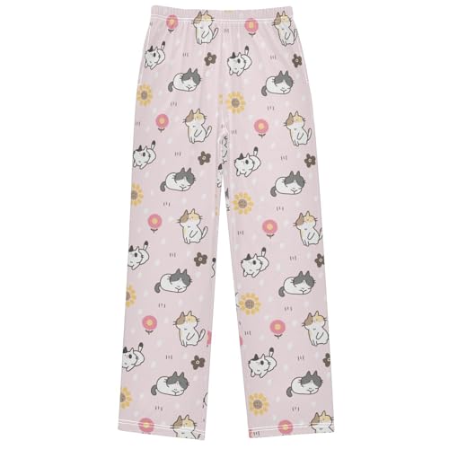 Boy's Pj Pants Cat Sunflower Pink White Dot Lounge Bottoms Elastic Waist Kids Joggers with Pockets Size 6-14