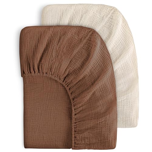 Image of Yoofoss Muslin Crib Sheets for Boys Girls 100% Cotton Fitted Baby Crib Sheet 2 Pack Soft and Breathable for Standard Crib Mattress & Toddler Mattress 52"x28" Apricot&Brown