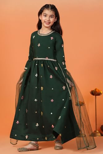 Image of Fashion Dream Girls Chanderi Embroidered Maxi Dress with Dupatta|Ethnic Gown for Kids
