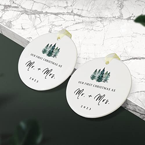 First Christmas As Mr And Mrs Ornament 2023,1St Year Wedding Ornament For Newlywed,Our First Married Christmas Ornament,Ceramic Hanging Decoration For Couples Just Married With Gift Box&Ribbon (2.9" #TOP7