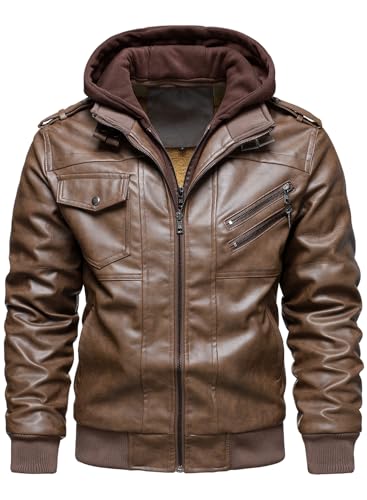 Image of HOOD CREW Men's Casual Stand Collar PU Faux Leather Zip-Up Motorcycle Bomber Jacket With a Removable Hood