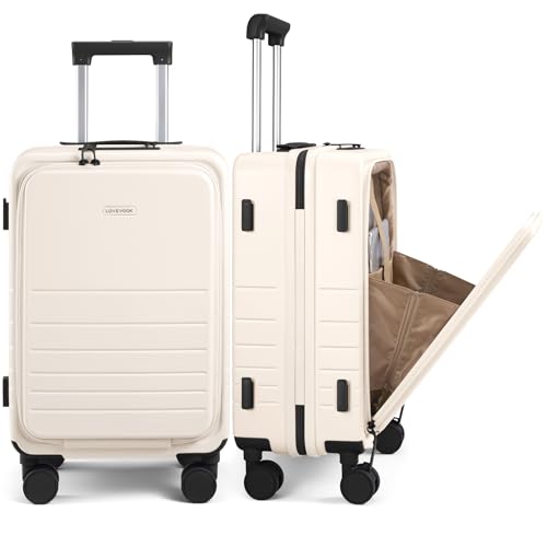 LOVEVOOK Hard Shell Carry On Luggage 22x14x9 Airline Approved 22 Inch Cute Carry On Suitcase with Spinner Wheel TSA Lock Lightweight Travel Luggage Roller Rolling Suitcase Gifts for Men & Women Beige