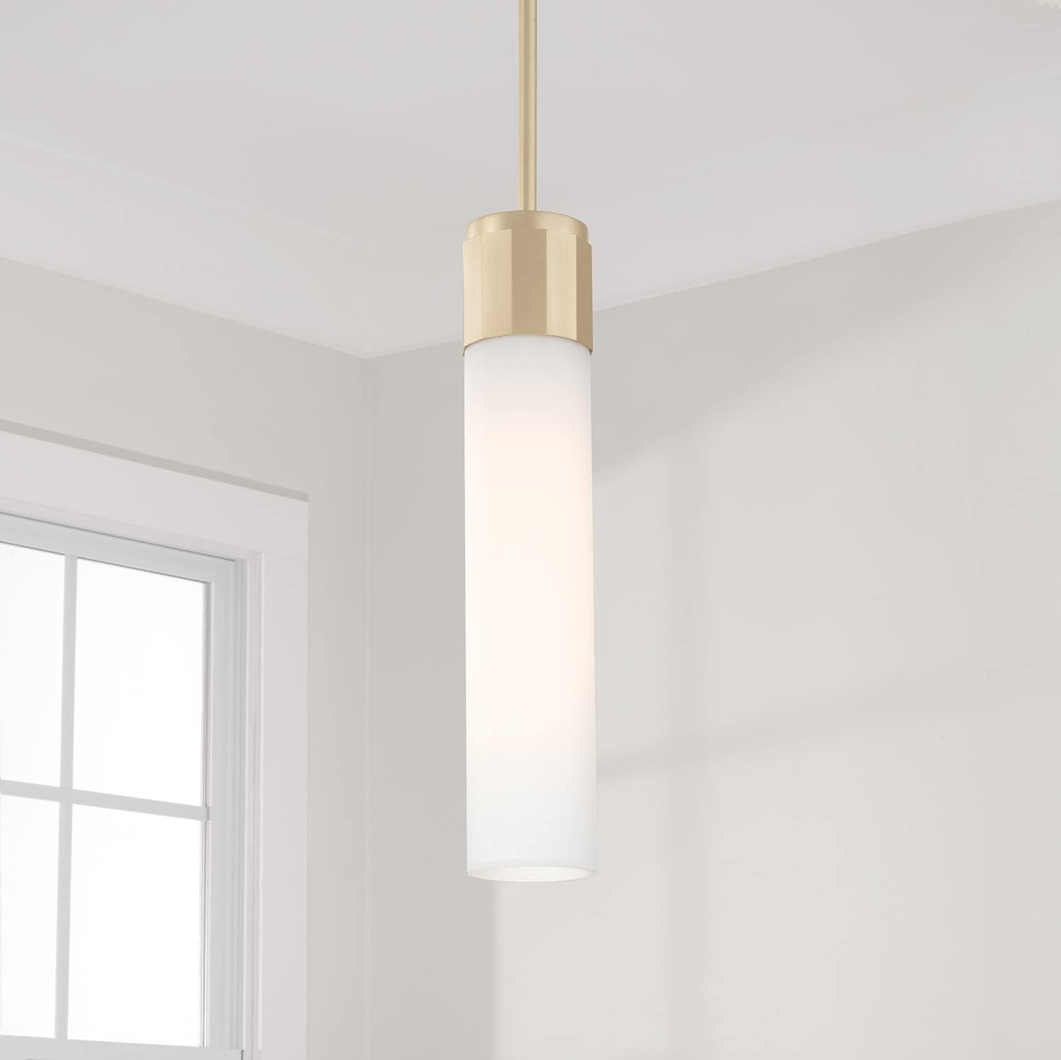 Capital Lighting 346211SF Sutton Transitional Soft White Glass Mini Cylinder Pendant Ceiling Light Fixture, 1-Light 100 Watt, 17" H x 3" W, Soft Gold