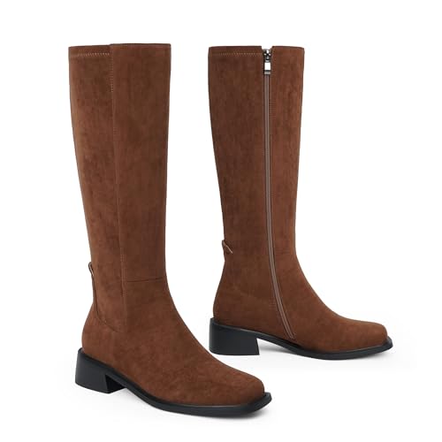 Image of QIY Knee High Boots for Women Low Heel Flat Tall Boots | Stretch Boots, Chunky Heel Womens Boots, Square Toe Heeled Fall Winter Dress Riding Long Boot with Side Zipper