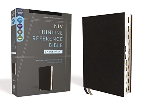 NIV, Thinline Reference Bible (Deep Study at a Portable Size), Large Print, Bonded Leather, Black, Red Letter, Thumb Indexed, Comfort Print