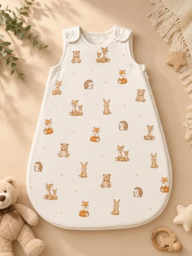 Image of TuddyBuddy Baby Cotton Wearable Quilted Sleeping Bag Blanket 1.5 Tog with 2 Way Zipper Closure | Ideal for Babies & Kids Hypoallergenic Fabrics | (Winn The Teddy AOP - White, 6-12 Months)