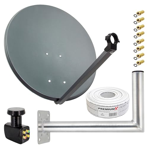 Premium X Satelliten-Komplettanlage 80cm Satellitenschüssel ALU Quad LNB 50m Kabel F-Stecker 45cm Wandhalter, SAT bis 4 Teilnehmer
