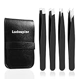 LUDOUPIER Eyebrow Tweezer Set with Travel Case,4-Piece Daily Beauty Tools for Hair Removal (Black)