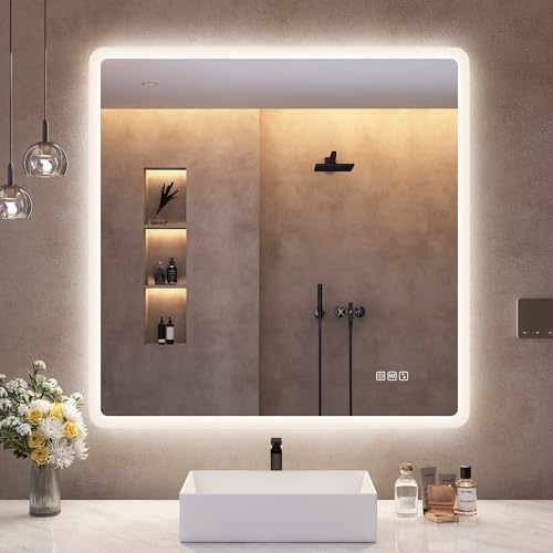 S'bagno Miroir-Salle-de-Bain-avec-Eclairage 80x80cm, Miroir-LED-Lumineux-avec-Bluetooth, Anti-buée, 3 Couleurs, Dimmable, Mémoire, Verre Trempé HD, Étanche IP44, Horizontal/Vertical