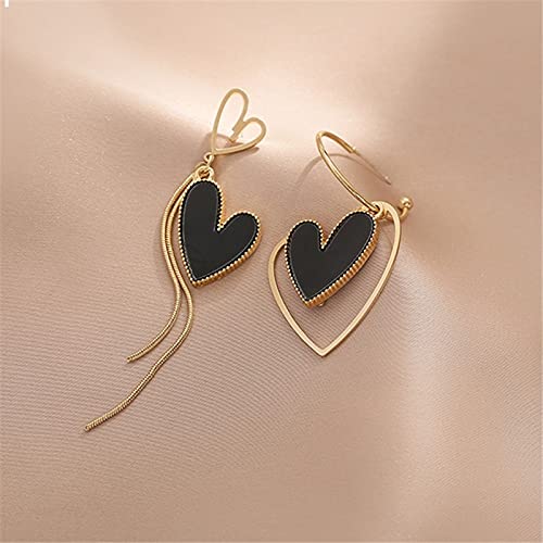 14K Gold Plated Stud Earrings Heart Drop Dangle Earrings Fashion Sweet Asymmetry Shiny Rhinestone Love Long Crystal Tassel Jewelry For Women Girls - Style B Black #TOP1