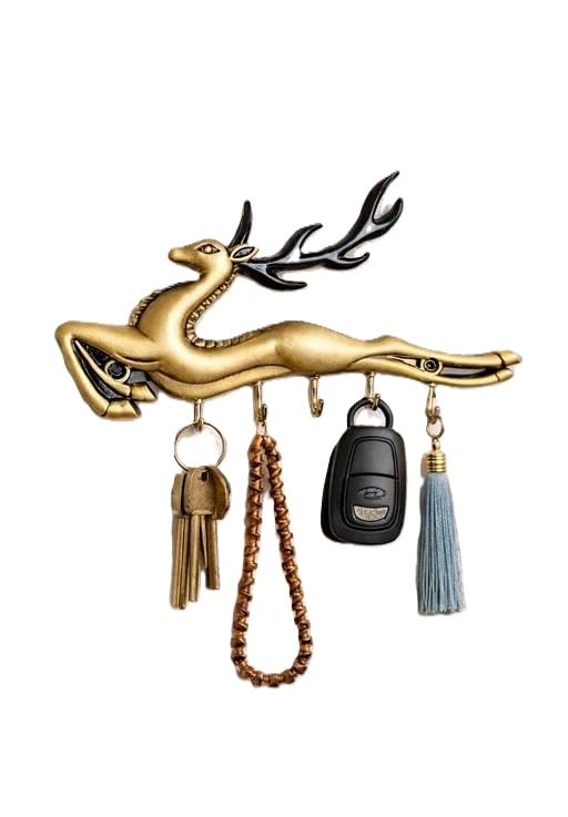 Antique Gold Deer Design Wall Mounted Key Holder with 5 Hooks | Decorative Key Organizer Golden-image-9