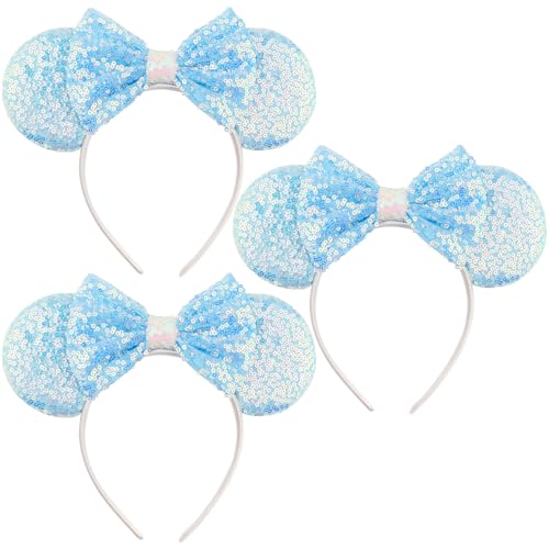 LIHELEI Mouse Ears Headband for Princess, Blue Cinderella Elsa Headbands for Halloween Costume, Sequin Bows Headwear Hair Accessories for Women -Light Blue
