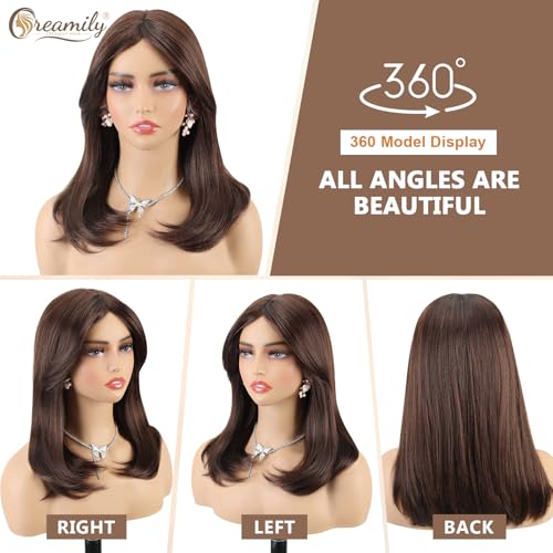 Image of Creamily Chestnut Brown 16 Inch Medium Length Wig For Women Full Head,Synthetic Straight Short Hair Wig For Woman,Natural Looking Women Wigs For Diwali /Daily /Party