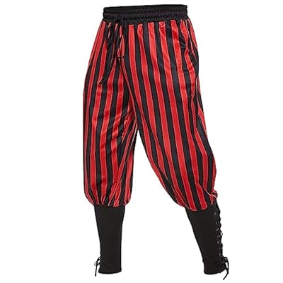 Beokeuioe Pantalones medievales para hombre, disfraz de pirata, cosplay, renacimiento, pantalones vikingos, a rayas, pantalones de ocio, con bolsillos, pantalones coloniales, disfraz medieval, rojo, M | Ya disponible en tu tienda friki favorita! En mundofriki.es!