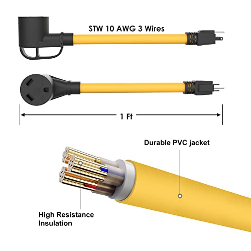30 Amp To 15 Amp 110 Rv Adapter Cord, Nema 5-15P Male To Tt-30R Female Electrical Power Dogbone With Grip Handle, Heavy Duty Stw 10 Gauge For Rv Trailer Camper #TOP2