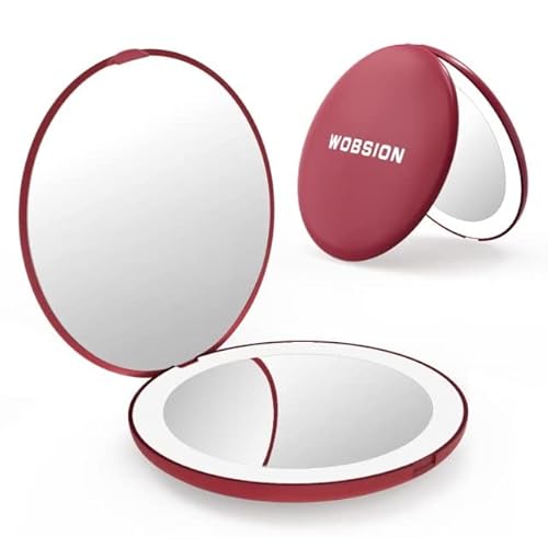 Wobsion Travel Mirror With Light, 1X/10X Compact Magnifying Mirror,Handheld 2-Sided Pocket Mirror,Led Small Makeup Mirror,3.5In Compact Mirror For Purses,Travel Size Mirror For Handbag,Gift,Wine Red #TOP5