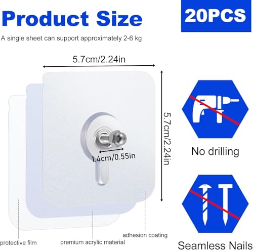 Image of Adhesive Wall Hooks Heavy Duty No Drill Screw Hooks Transparent Self Adhesive Hooks for Kitchen Bathroom Home Storage Waterproof Strong Wall Hanging Hooks