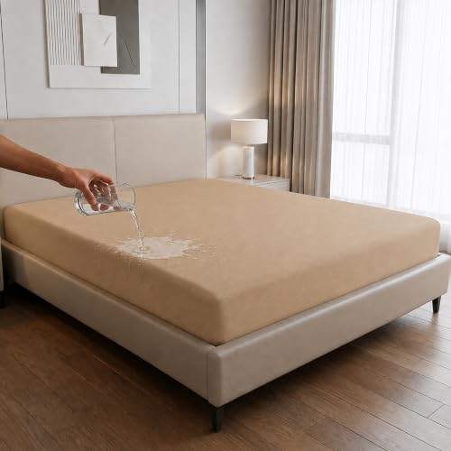 Image of 100% Waterproof Premium Cotton Feel Mattress Protector King Size 78x72 Inches | Breathable and Hypoallergenic Ultra Soft Fitted Bed Protector Cover (Beige)