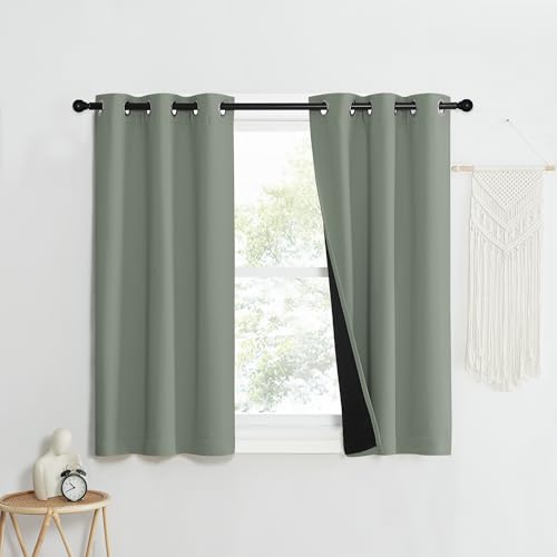 Image of NICETOWN 100% Blackout Window Curtain Panels, Heat and Full Light Blocking Drapes with Black Liner for Nursery, 40 inch Drop Thermal Insulated Draperies (Greyish Green, 2 Pieces, 37 inch Wide Each Panel)
