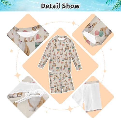 Corgi Dog Balloons Boys Swimsuit Rash Guard Toddler Kids Long Sleeve Swim Shirt and Trunks Swimwear Set 3-10Y3