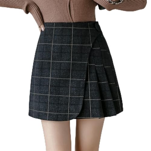 ROTAKUMA Falda A Línea Mujeres Woolen Paño Plaid Alta Cintura Falda Vintage Otoño Falda De Invierno Plisado Corto Paquete Irregular Hip (Color : Black, Size : S)