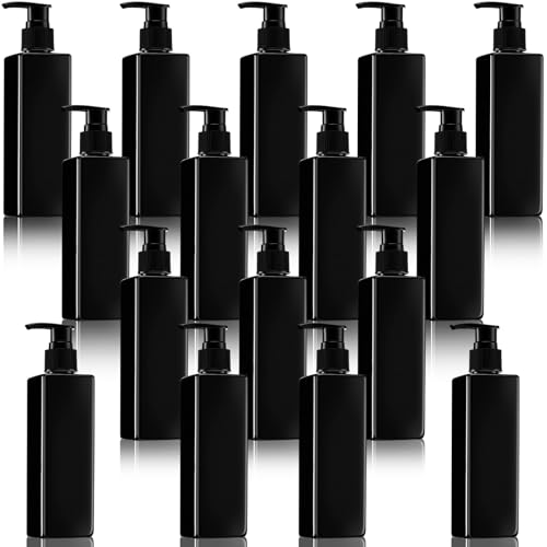 Chunful 16 Pcs Soap Dispensers Plastic Pump Bottles 8.5 oz Refillable Dishwashing Liquid Dispenser with Pump Leakproof Empty Lotion Shampoo Bottles Containers (Black)
