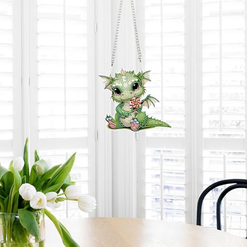 Image of Green Dragon Diamond Painting Kit - 5D DIY Acrylic Pendant with Special Shaped Rhinestones, Cute Fantasy Animal Hanging Ornament for Wall, Window, Door, or Car Mirror Decor, Gift for Adults and Teens