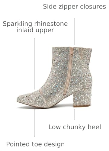 Image of YAYONE Rhinestone Zipper Sparkly Ankle Boots - Glitter Pointed Toe Fashion Comfortable Shoes, Pull on Chunky Heel Western Boots