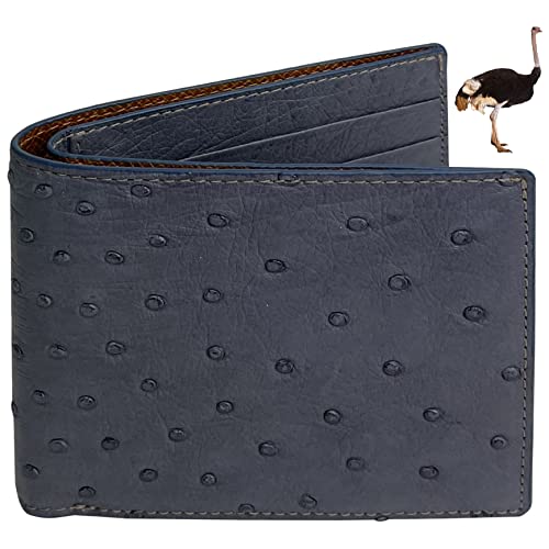 Image of HATA Grey Ostrich Leather Bifold Wallet for Men, Double-Sided Ostrich Billfold with RFID Blocking, Handmade Leather Wallet Gift for Birthday, Anniversary, Father's Day VINAMOS-00