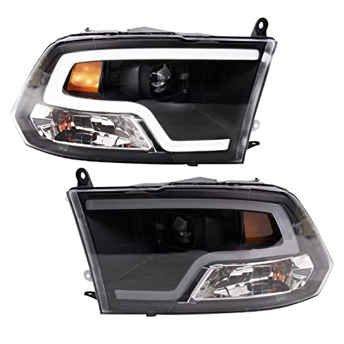 Image of TRQ Performance 2 Piece Headlight Assembly Set LED Tube Running Light Driver & Passenger Side Compatible with Dodge Ram 2010, Classic 2019-2022 Ram 1500 2011-2012 & 2015-2018 2500, 3500 2011-2018