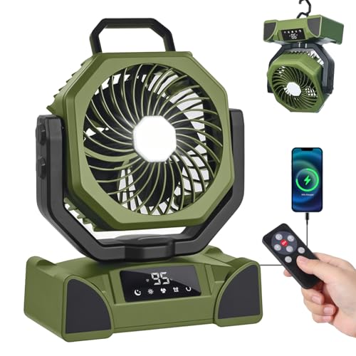 OUTTPLY 20000mAh Portable Camping Fan, Rechargeable Battery Powered Fan with Remote Control & Oscillating, LED Display, Light, Timer, Rotation, Hanging Hook for Outdoor Camp, Beach, Travel Tent