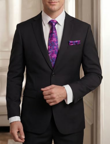 Image of HISDERN Extra Long Ties for Men Classic Floral Tie and Pocket Square Elegant Silk Necktie Handkerchief Set Wedding Party