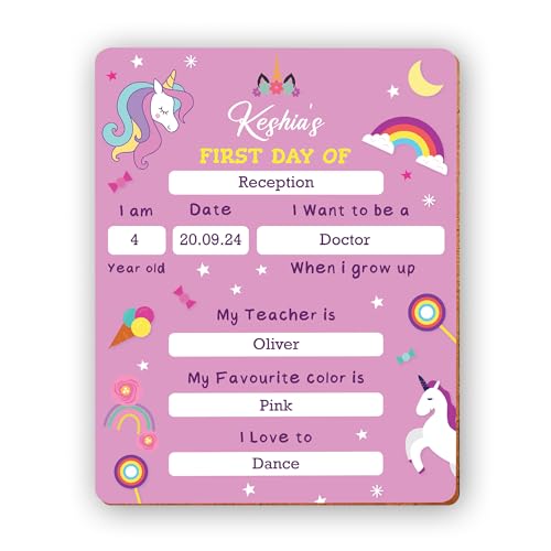 Personalised First Day of School Starting Sign Board, Back to School 1st Day Photo Prop Wooden Sign Chalkboard for Kids Nursery Preschool Keepsake Presents (Unicorn - 25 x 20)