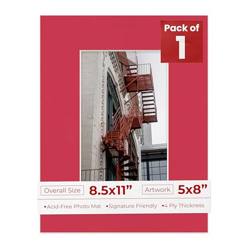 Poster Palooza 8.5x11 Mat Bevel Cut for 5x8 Photos - Acid Free Deep Red Precut Matboard - For Pictures, Photos, Framing - 4-ply Thickness