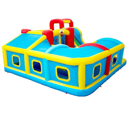 WELLFUNTIME Inflatable Bounce House with Slide, Jumping Castle with Blower and Wave Pool, Basketball Rim, Long Tunnel - Thumbnail 2