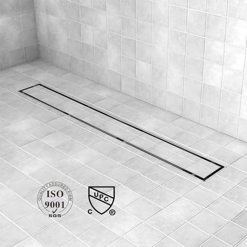 Elefloom Offset Linear Shower Drain, Shower Drain 24 inch with 2-in-1 Tile Insert Cover, Brushed AISI 304 Stainless Steel Side Outlet Shower Floor Drain with Hair Catcher and Adjustable Feet by Elefloom - Used condition - Image 7