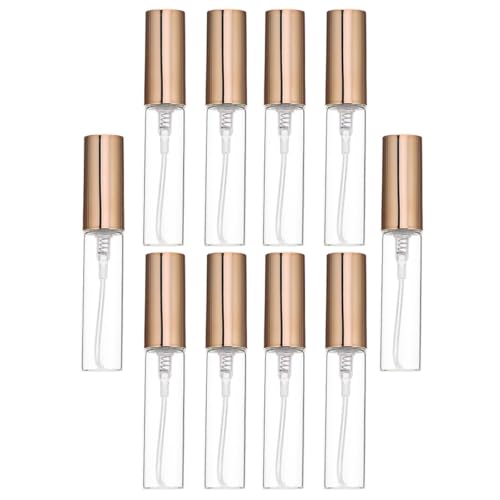 LOORGVEL Botellas de Spray Recargables 10 Pcs de Vidrio Transparente 5 Ml Pulverizador Dorado para Viaje, Mini Botellas Portátiles Rellenable para Perfumes y Líquidos de Belleza